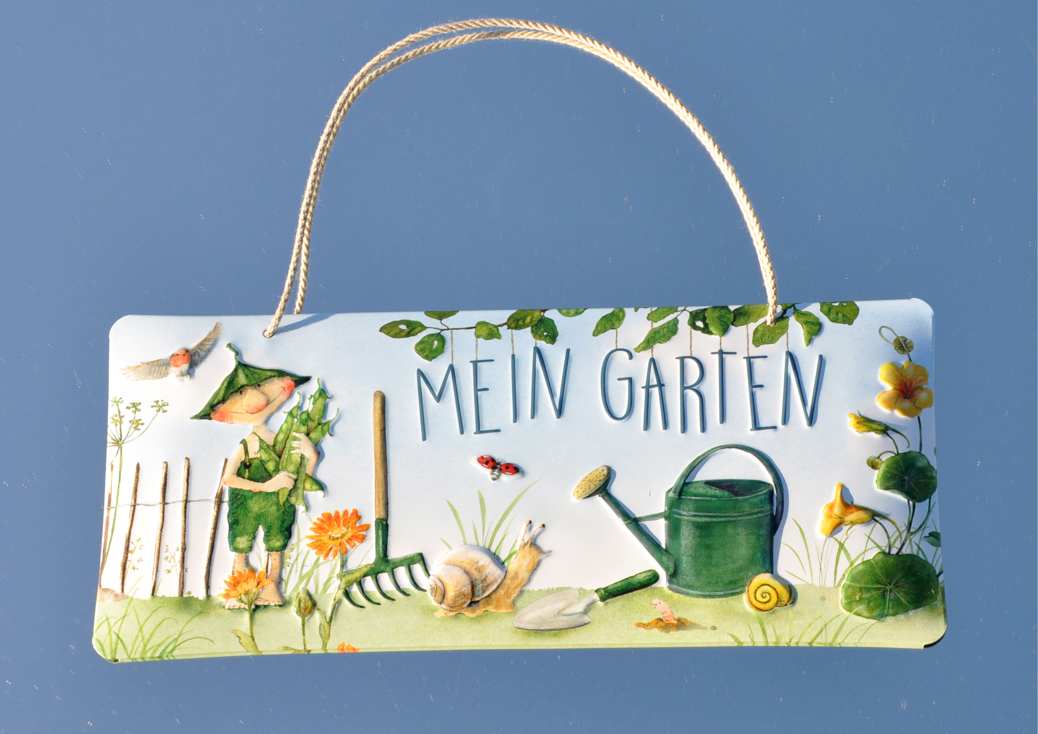 Giesbert der Regentonnenwicht / Mein Garten - geprägtes Schild aus Blech