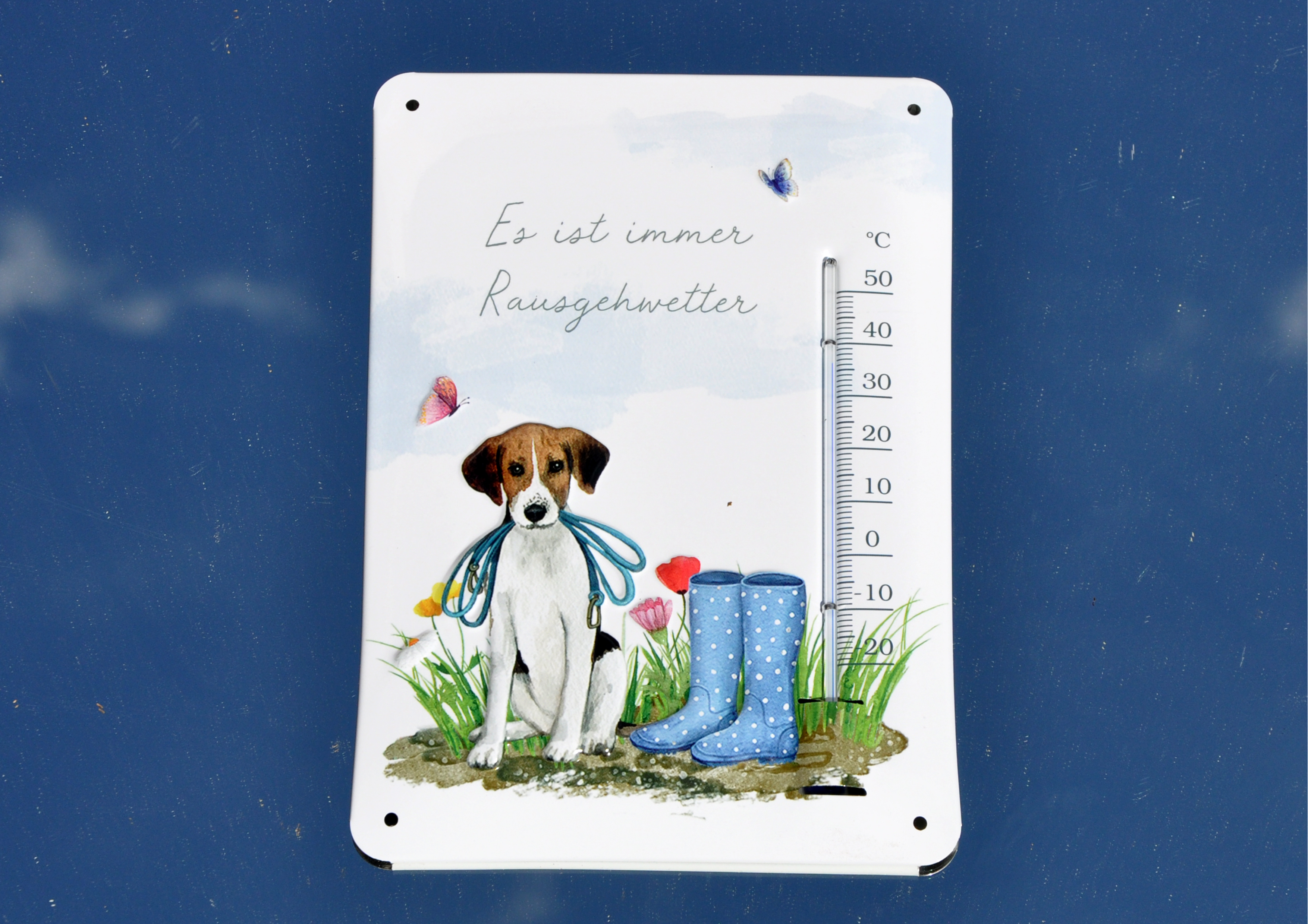 Hund, Hundespaß  / Es ist immer Rausgehwetter - geprägtes Thermometer aus Blech