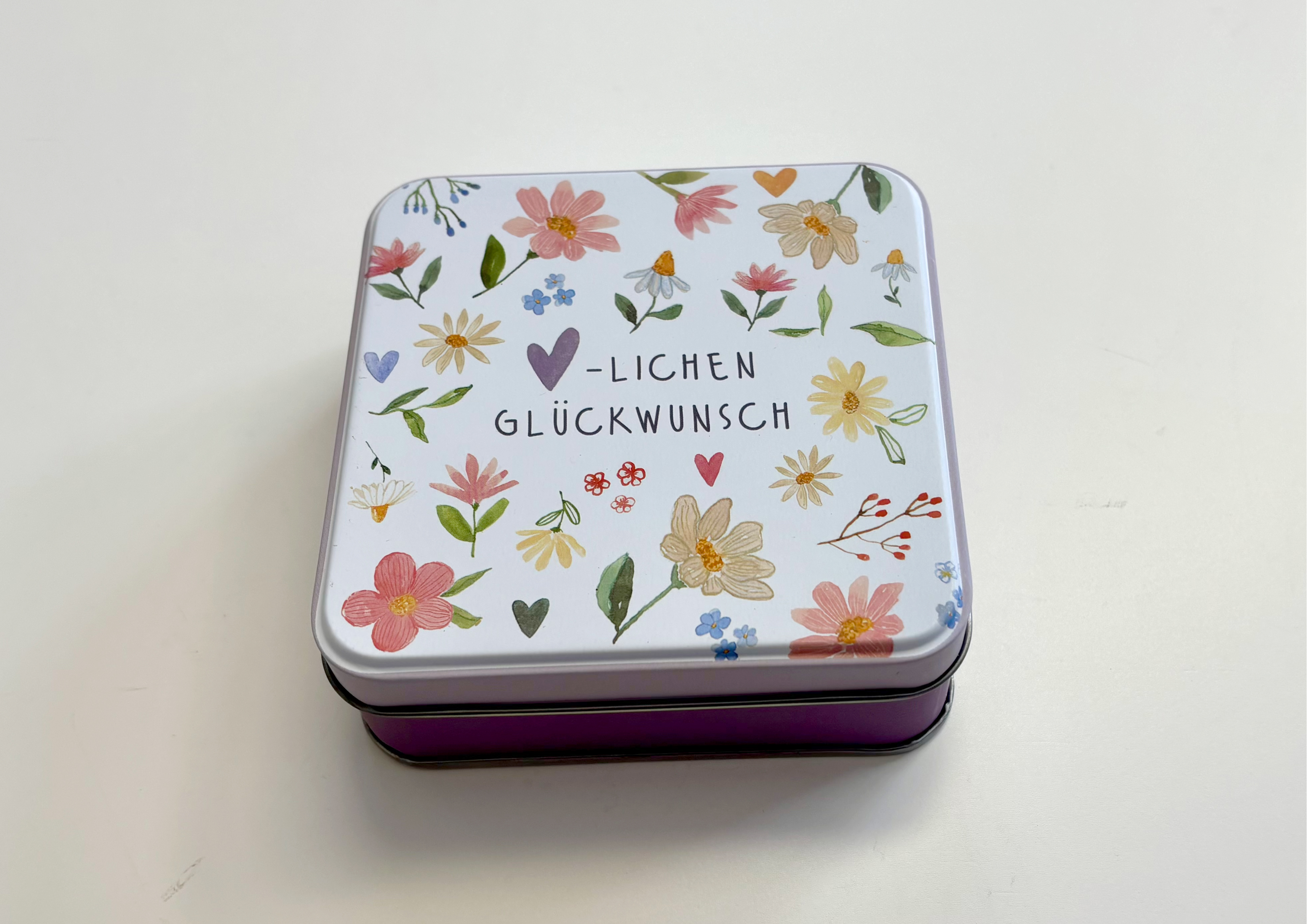 Blütenteppich / Herzlichen Glückwunsch - Geschenkdose aus Metall  