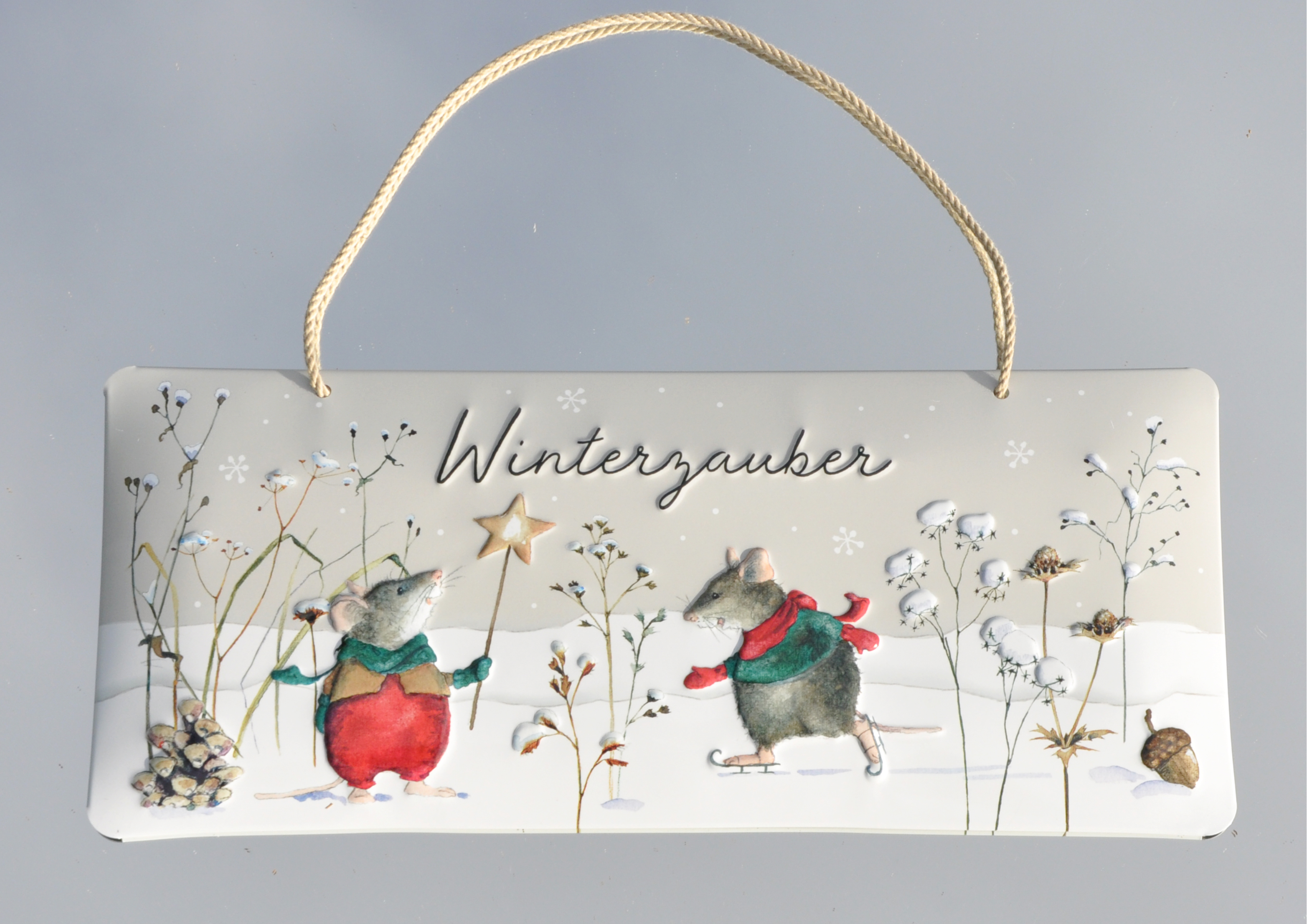 Wintermäuse / Winterzauber - geprägtes Schild aus Blech  