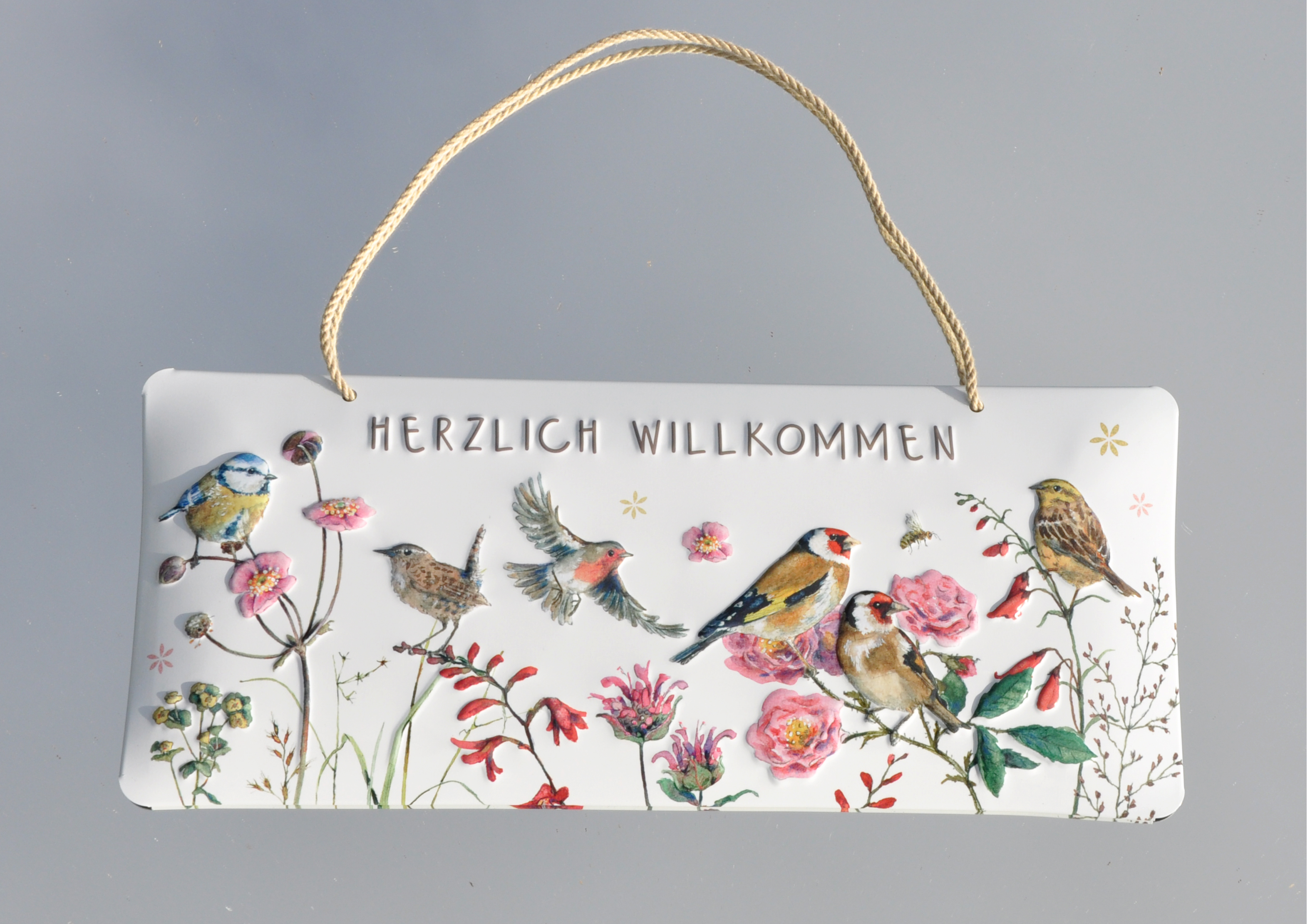 Heimische Vögel / Herzlich Willkommen - geprägtes Schild aus Blech   