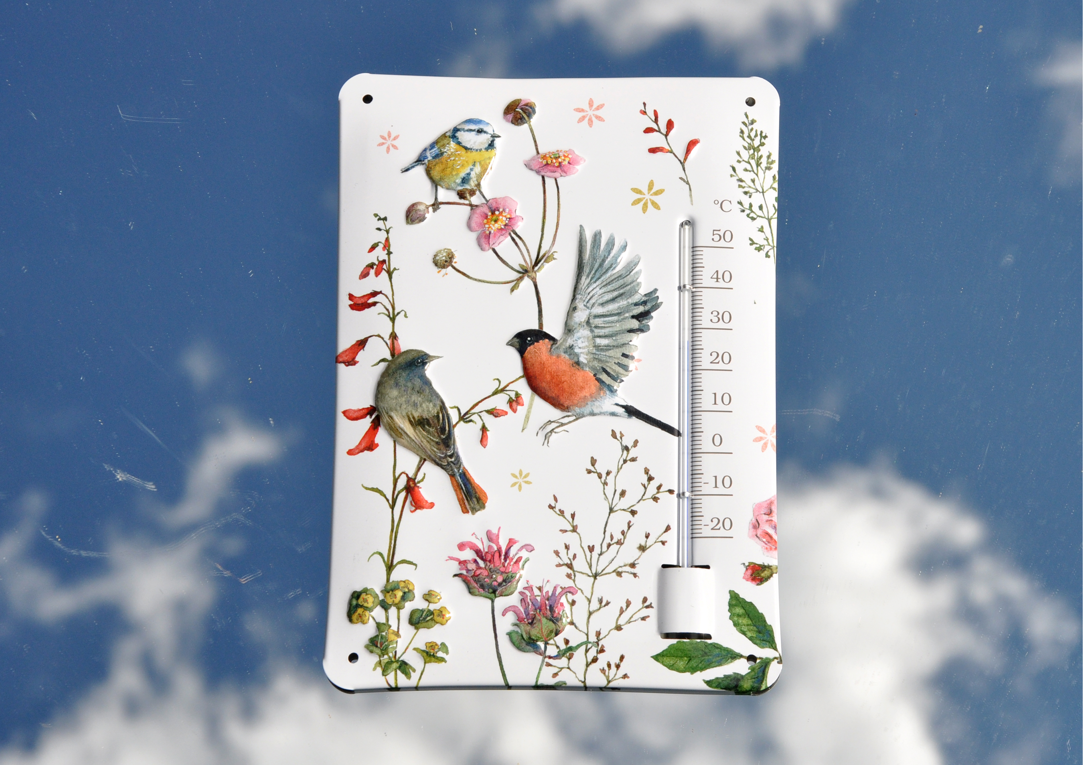 Vogelgarten - geprägtes Thermometer aus Blech 