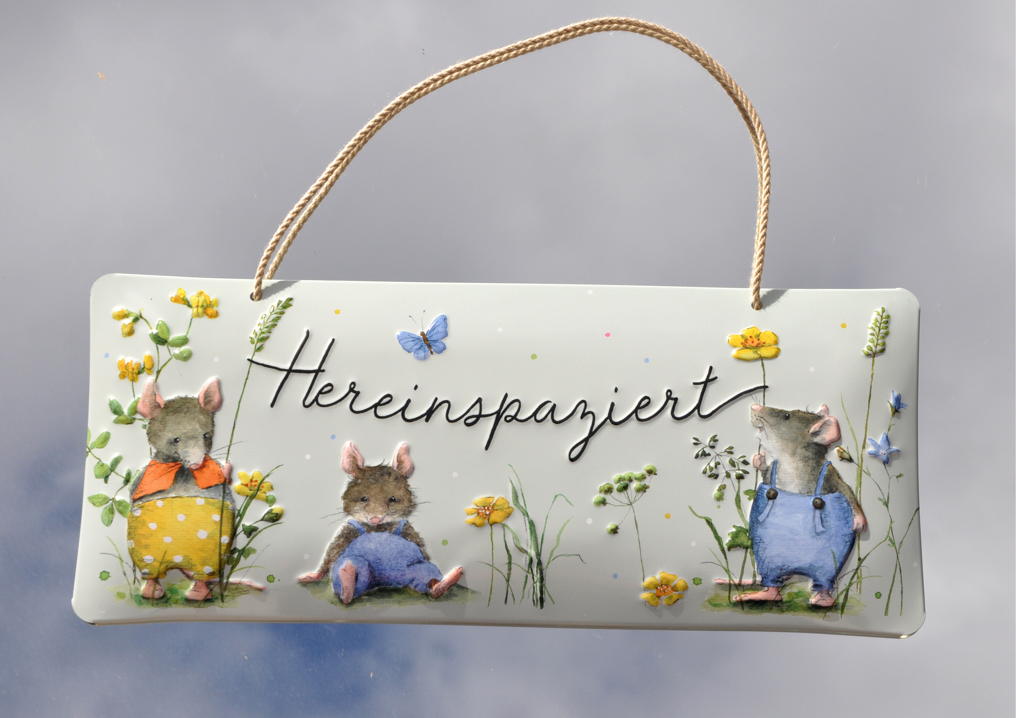 Mäuse Mäuseparty / Hereinspaziert - geprägtes Schild aus Blech