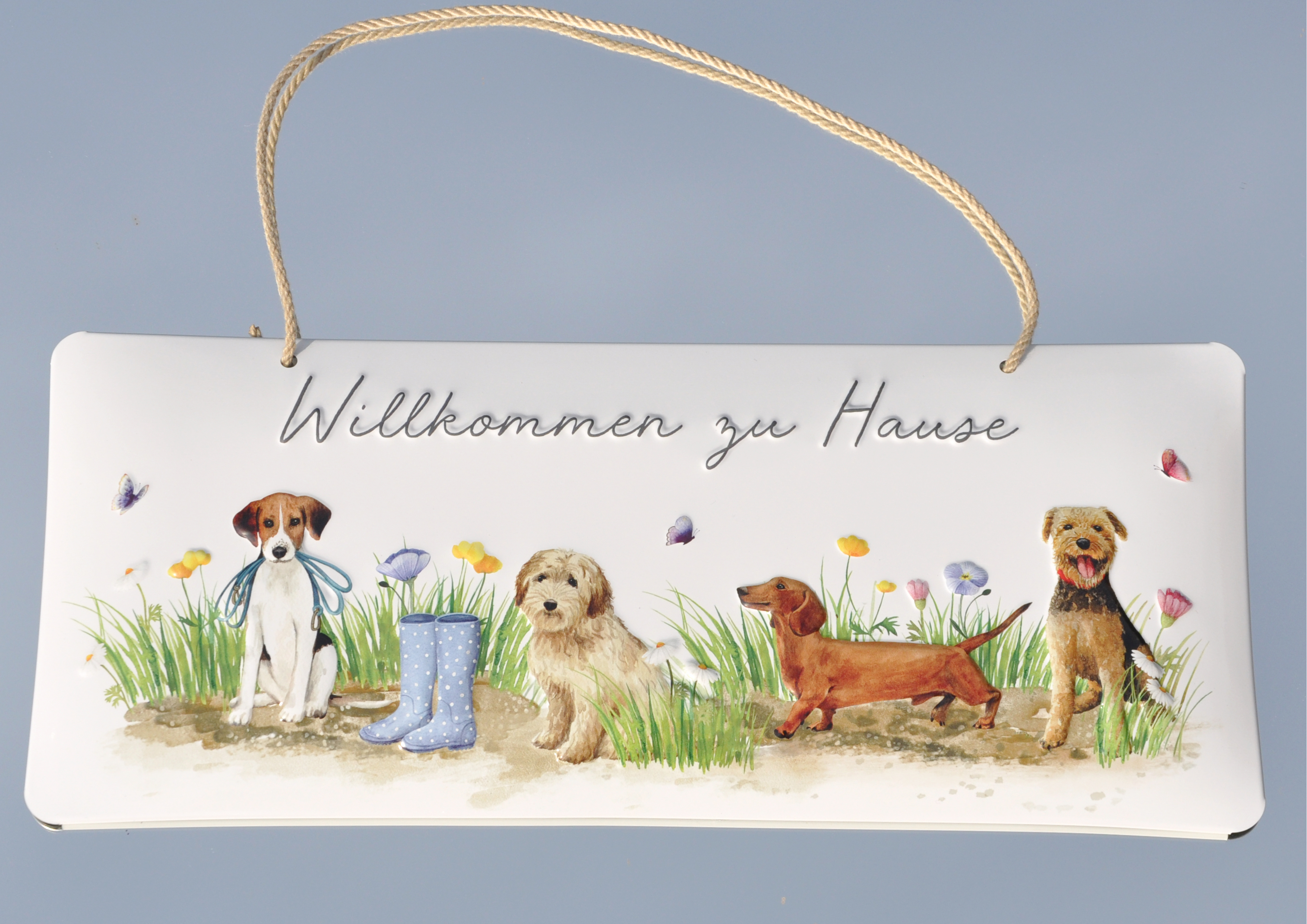 Hunde - Hundeglück / Willkommen zu Hause - geprägtes Schild aus Blech 