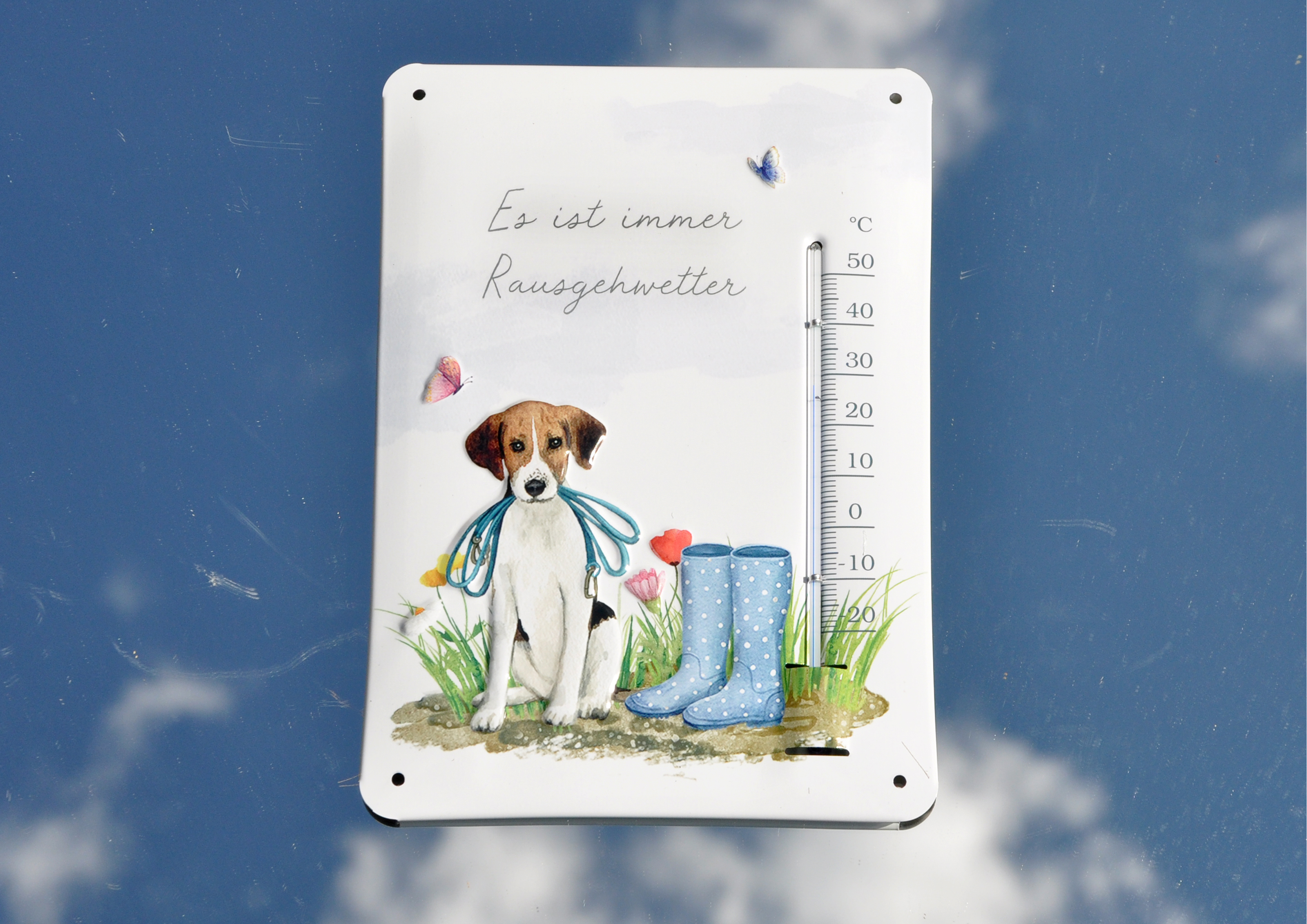 Hund, Hundespaß  / Es ist immer Rausgehwetter - geprägtes Thermometer aus Blech