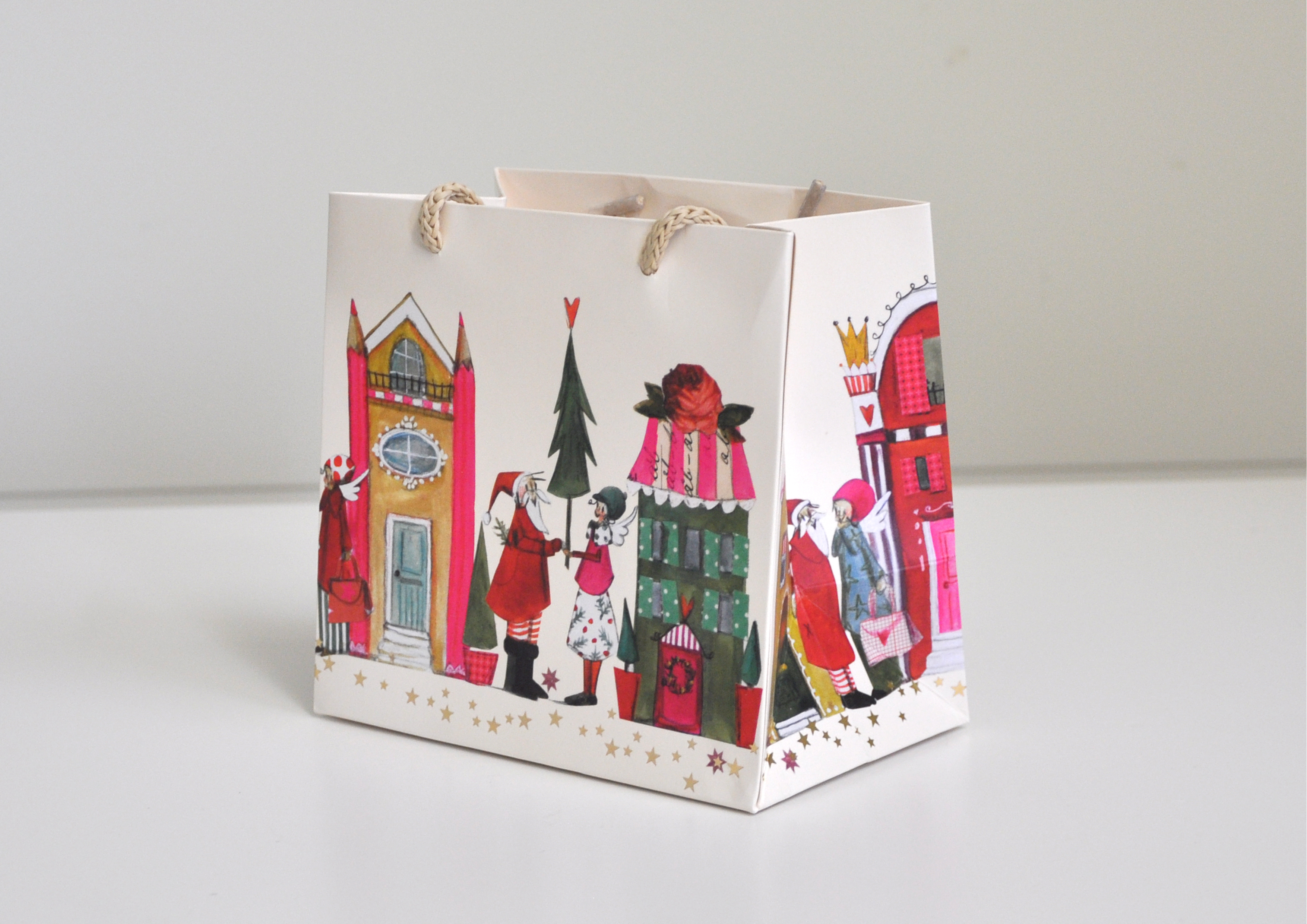 Weihnachtsmann und Engel / Häuser - Geschenktasche   