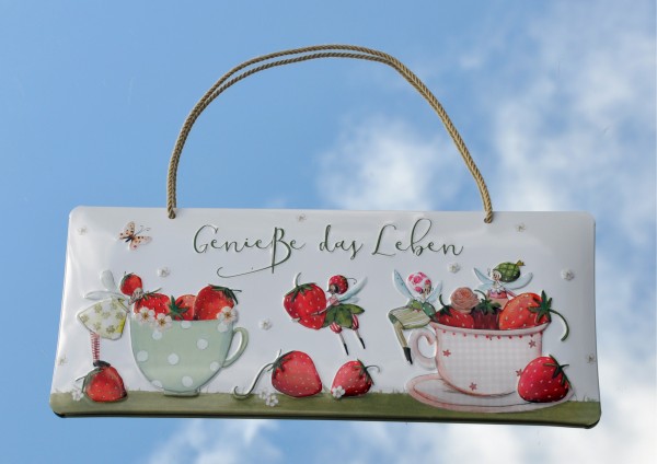 Erdbeeren / Genieße das Leben - geprägtes Schild aus Blech