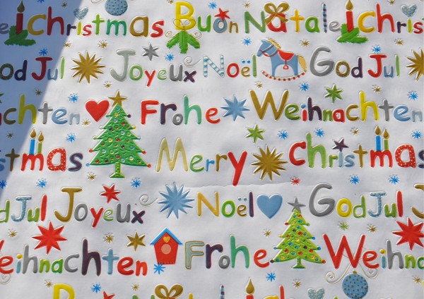 Frohe Weihnachten mehrsprachig - Geschenkpapier mit Prägung