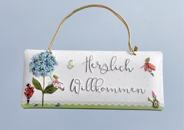 Herzlich Willkommen / Blumenelfen - geprägtes Schild aus Blech