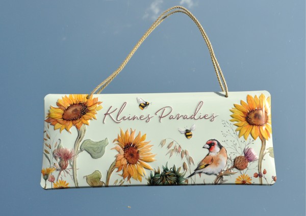 Sonnenblumen / Kleines Paradies - geprägtes Schild aus Blech