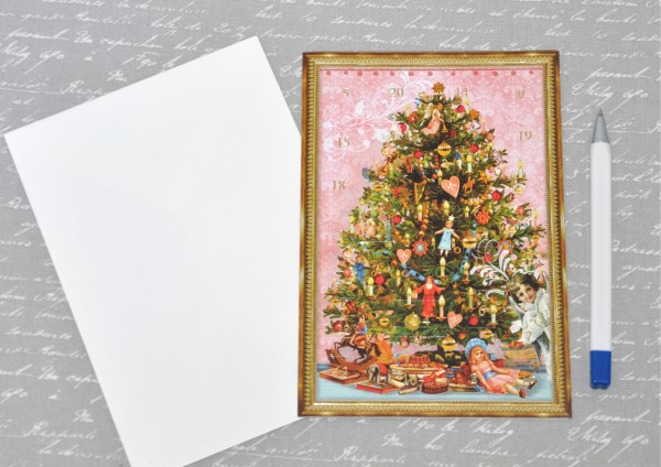 Engel am geschmückten Weihnachtsbaum - Adventskalenderkarte Nostalgie